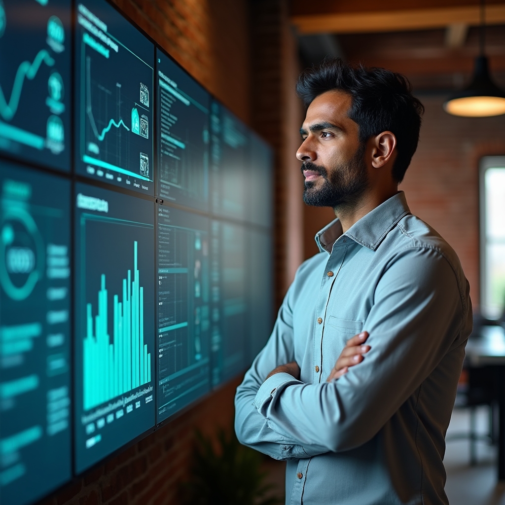 Engineering lead reviewing uptime graphs on a monitor in an industrial-chic office