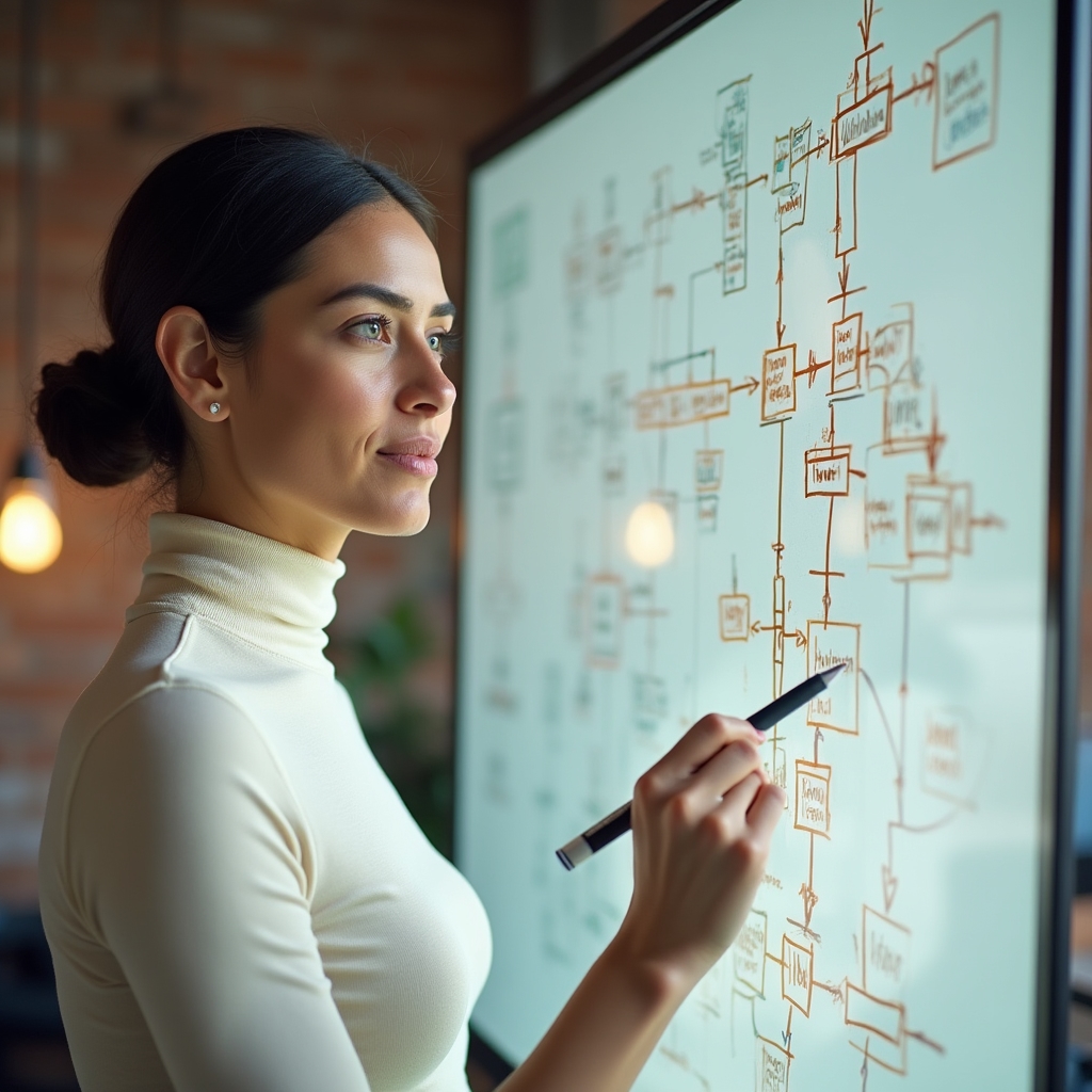 Engineer analyzing a bottleneck flow diagram on a whiteboard