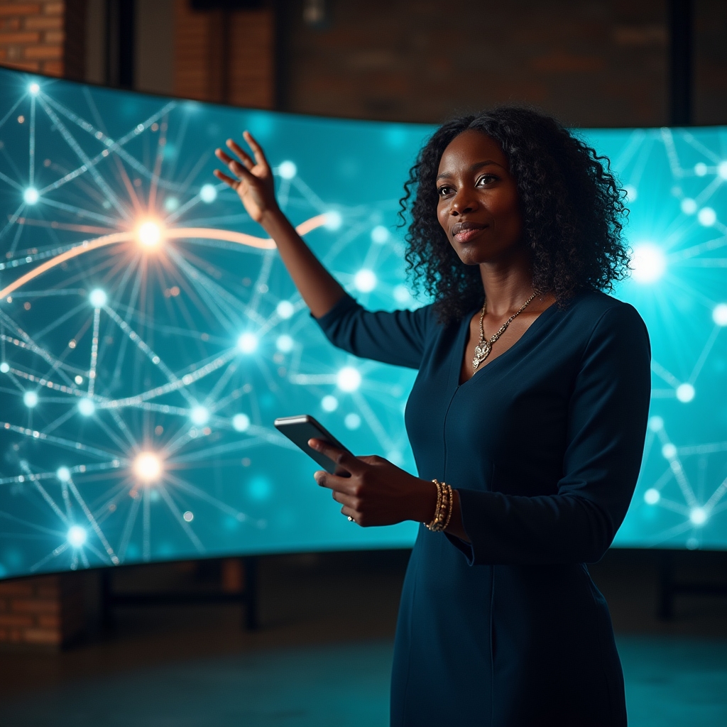 Large screen displaying a visualized financial transaction network with connected data points