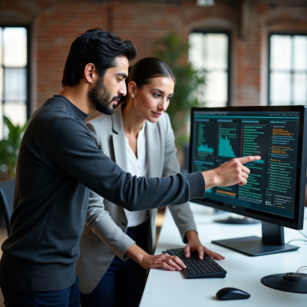 Two colleagues collaborating at a workstation reviewing system alerts