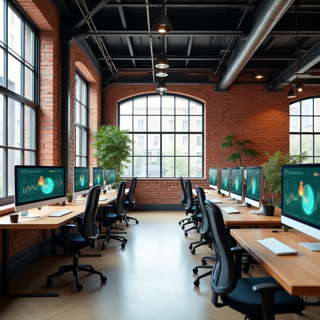 Industrial-chic loft office with exposed brick walls and modern workstations