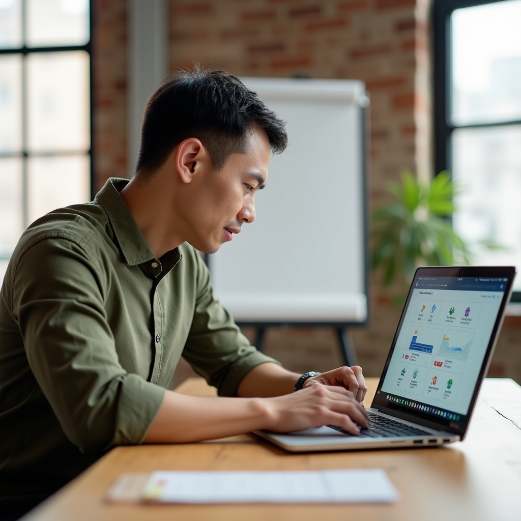 Analyst reviewing a payment platform interface on a laptop in a bright office
