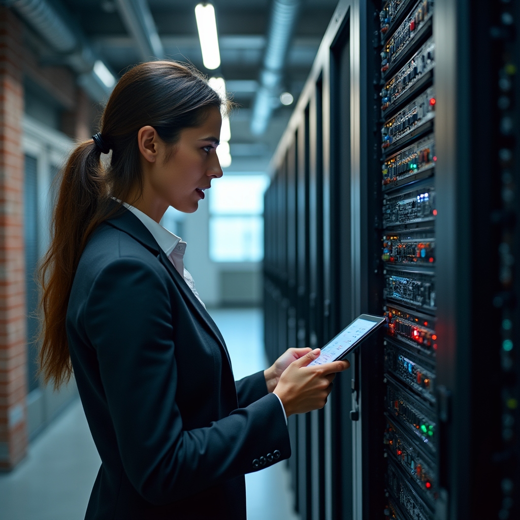 Engineer inspecting server infrastructure panels in a data center