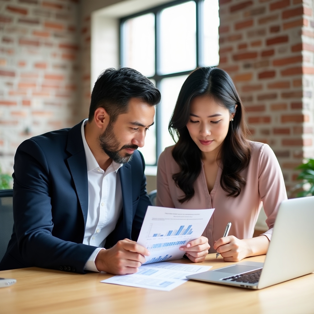 Two professionals discussing a reliability report at a table in a bright meeting room